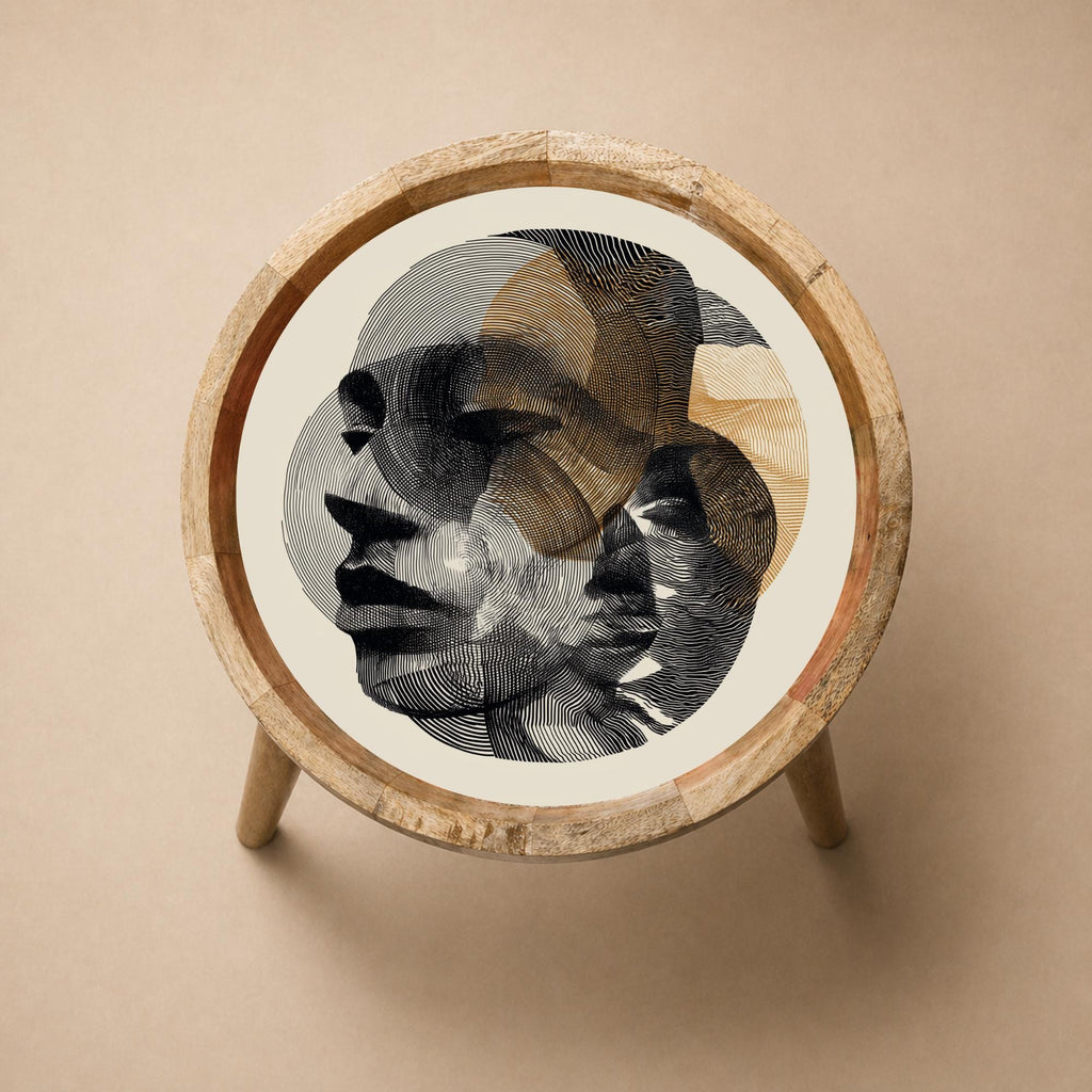 Top view of the abstract face mango wood side table, showing the printed design.