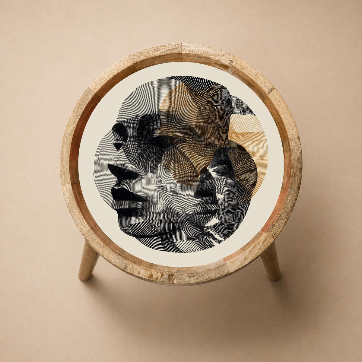 Top view of the abstract face mango wood side table, showing the printed design.
