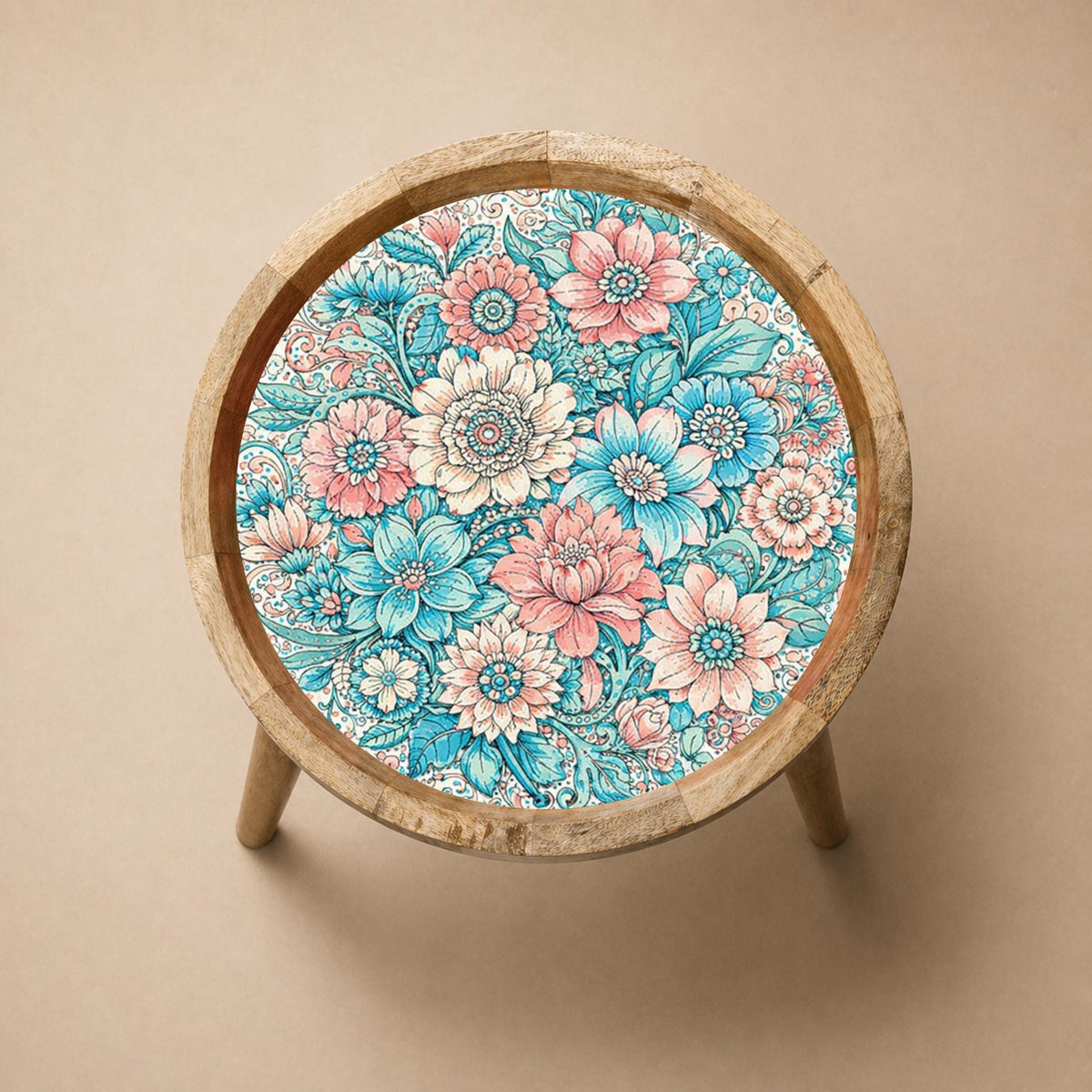 Top view of the teal & pink floral glass-top mango wood side table, showing the printed design.