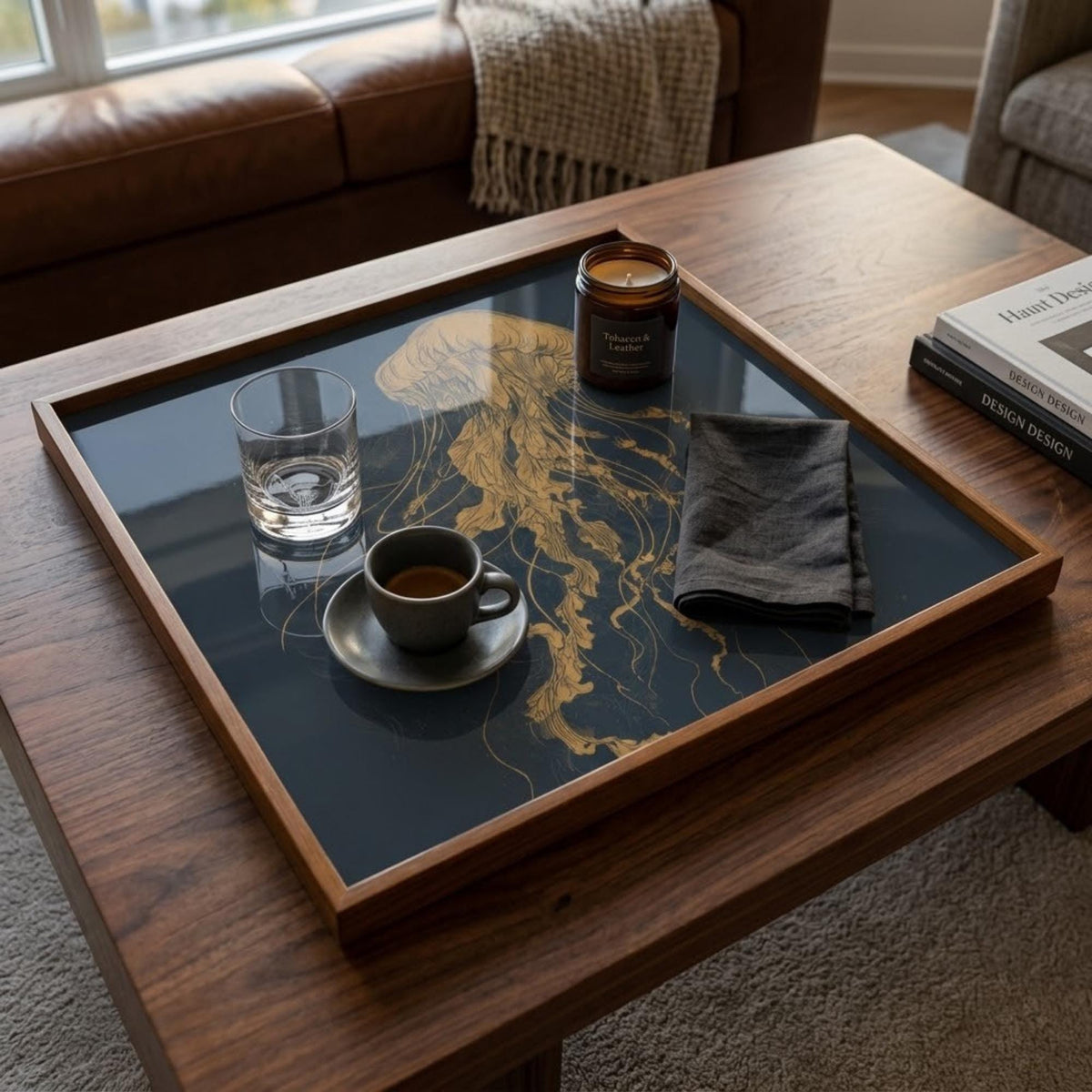 Styled view of the golden jellyfish square wooden tray.