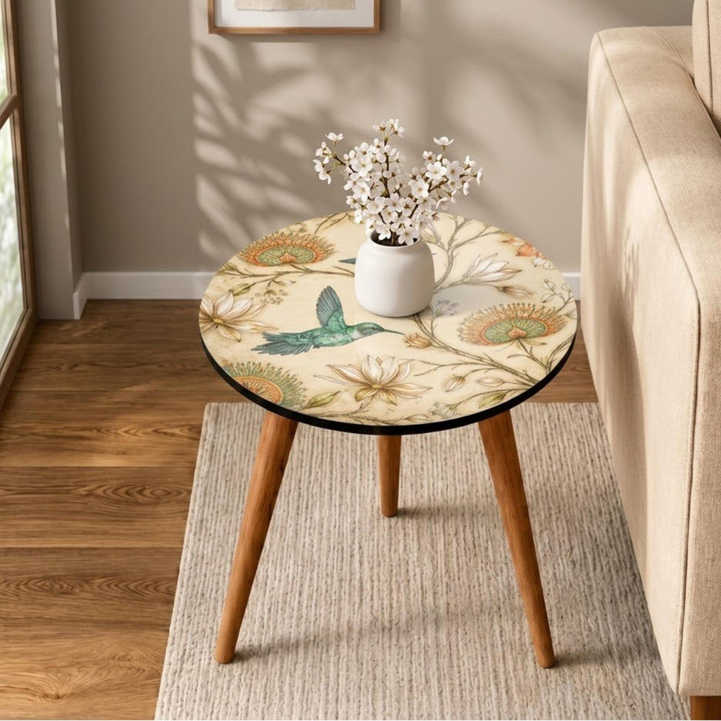 Styled view of the hummingbird print round side table, glossy lacquer.