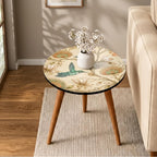 Styled view of the hummingbird print round side table, glossy lacquer.