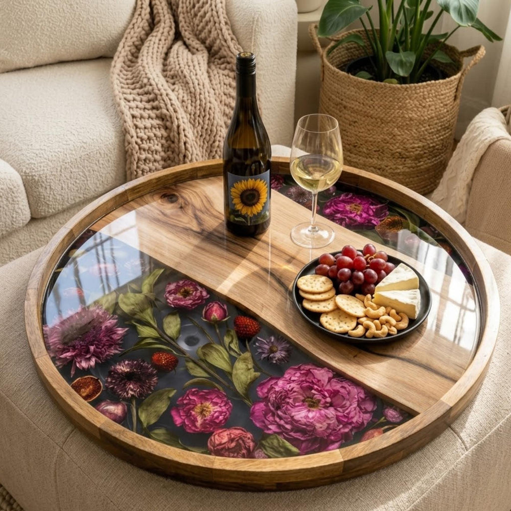 Styled view of the pink floral mango wood serving tray.
