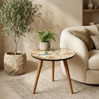 Hummingbird Print Round Side Table, Glossy Lacquer, shown beside a sofa in a styled room.