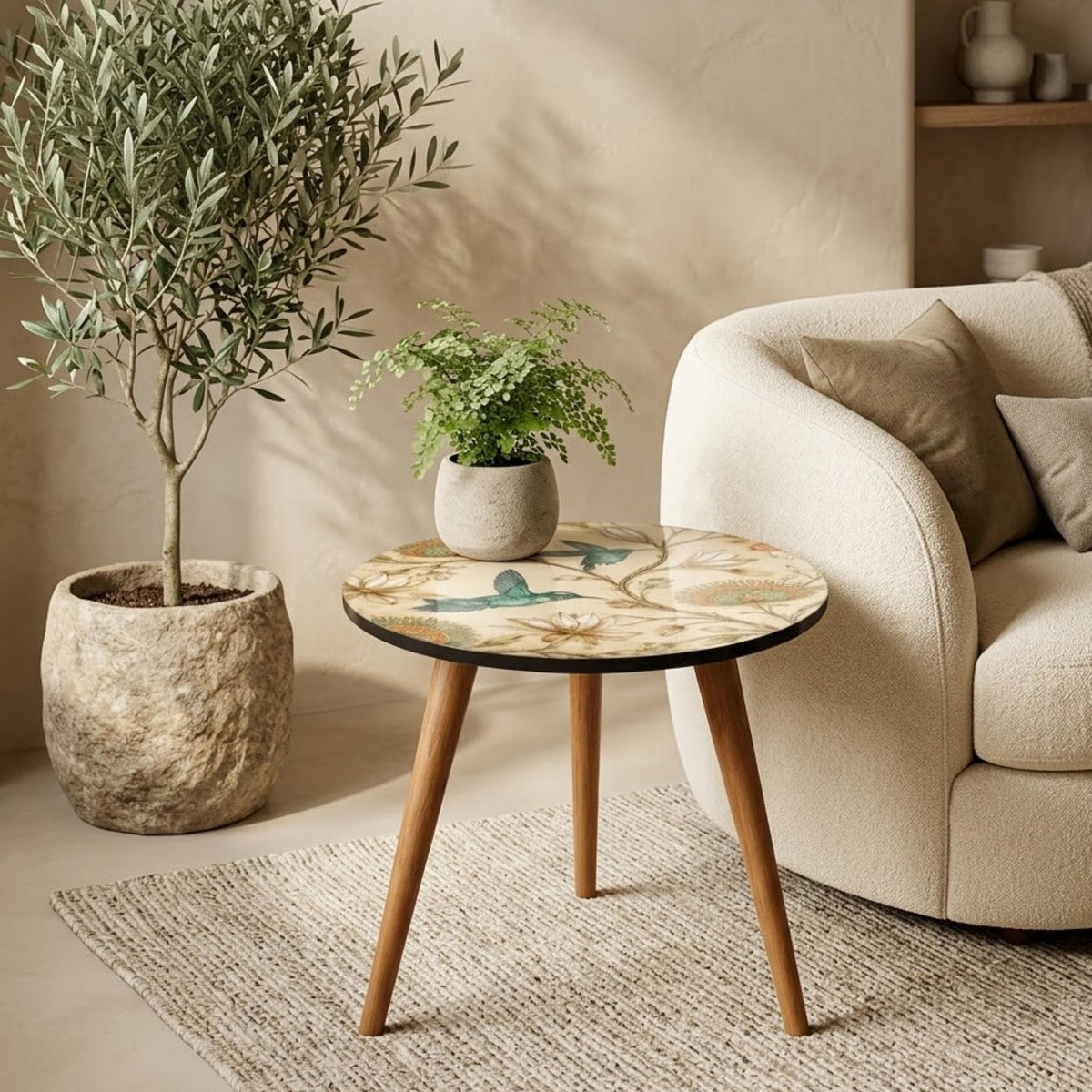 Hummingbird Print Round Side Table, Glossy Lacquer, shown beside a sofa in a styled room.