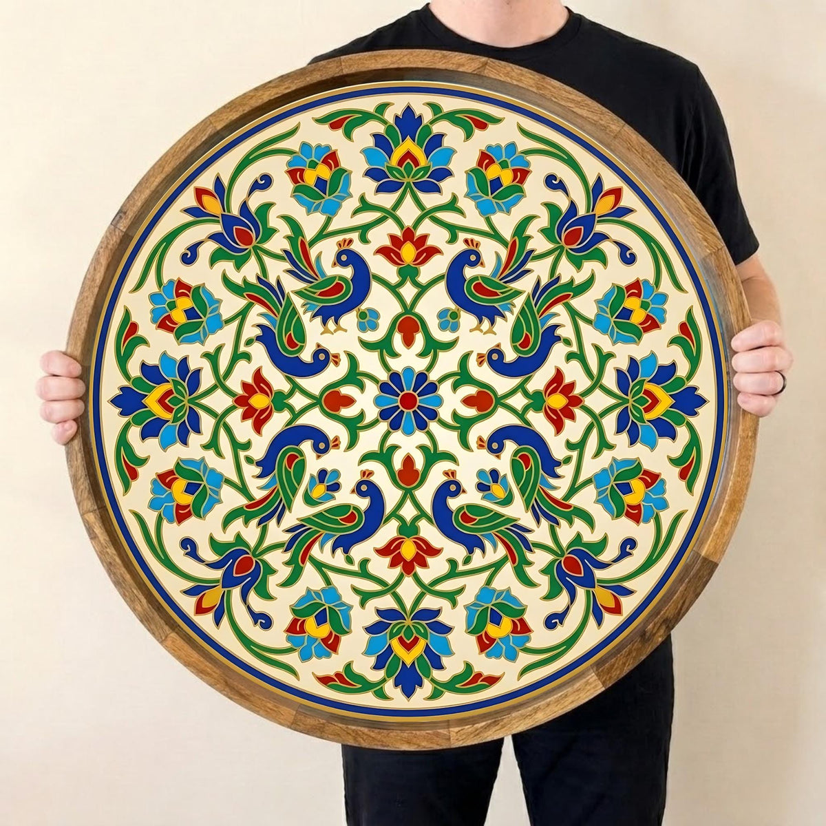 Blue Bird Floral Wooden Serving Platter, held upright to show the printed design and overall shape.