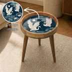 Crane Bird Mango Wood Side Table, styled in a room with an inset showing the printed artwork.