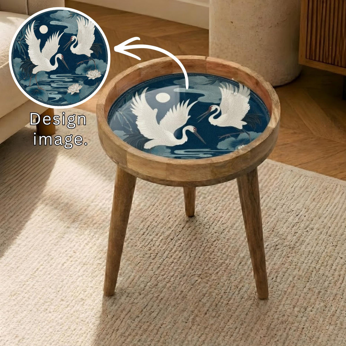 Crane Bird Mango Wood Side Table, styled in a room with an inset showing the printed artwork.
