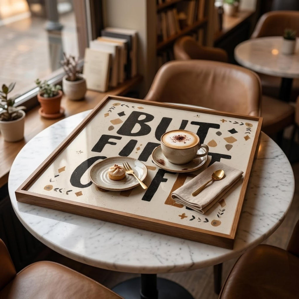 But First Coffee Mango Wood Tray, shown from above with serving accessories.