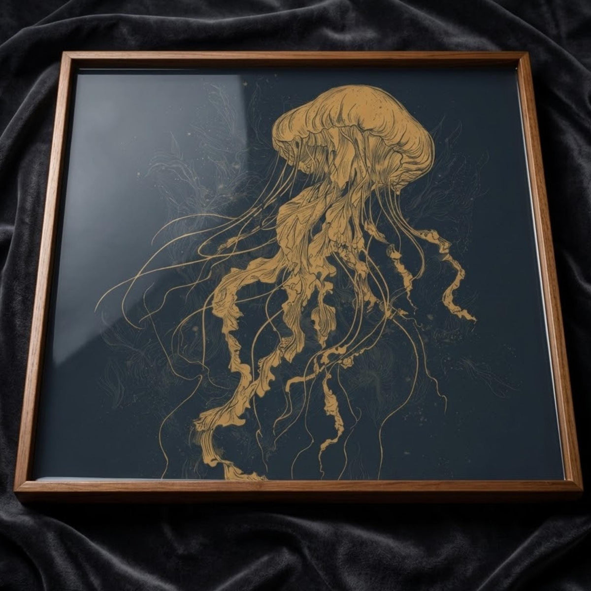 Close-up of the printed design on the golden jellyfish square wooden tray.