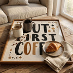 But First Coffee Mango Wood Tray, shown beside a sofa in a styled room.