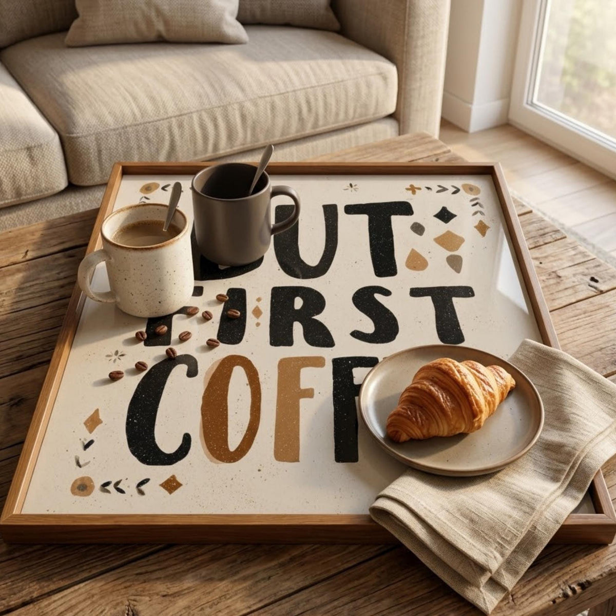 But First Coffee Mango Wood Tray, shown beside a sofa in a styled room.