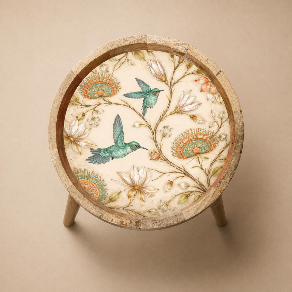 Top view of the hummingbird glass-top mango wood side table, showing the printed design.