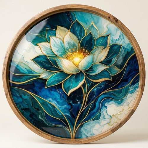 Top view of the blue lotus mango wood serving tray, showing the printed design.