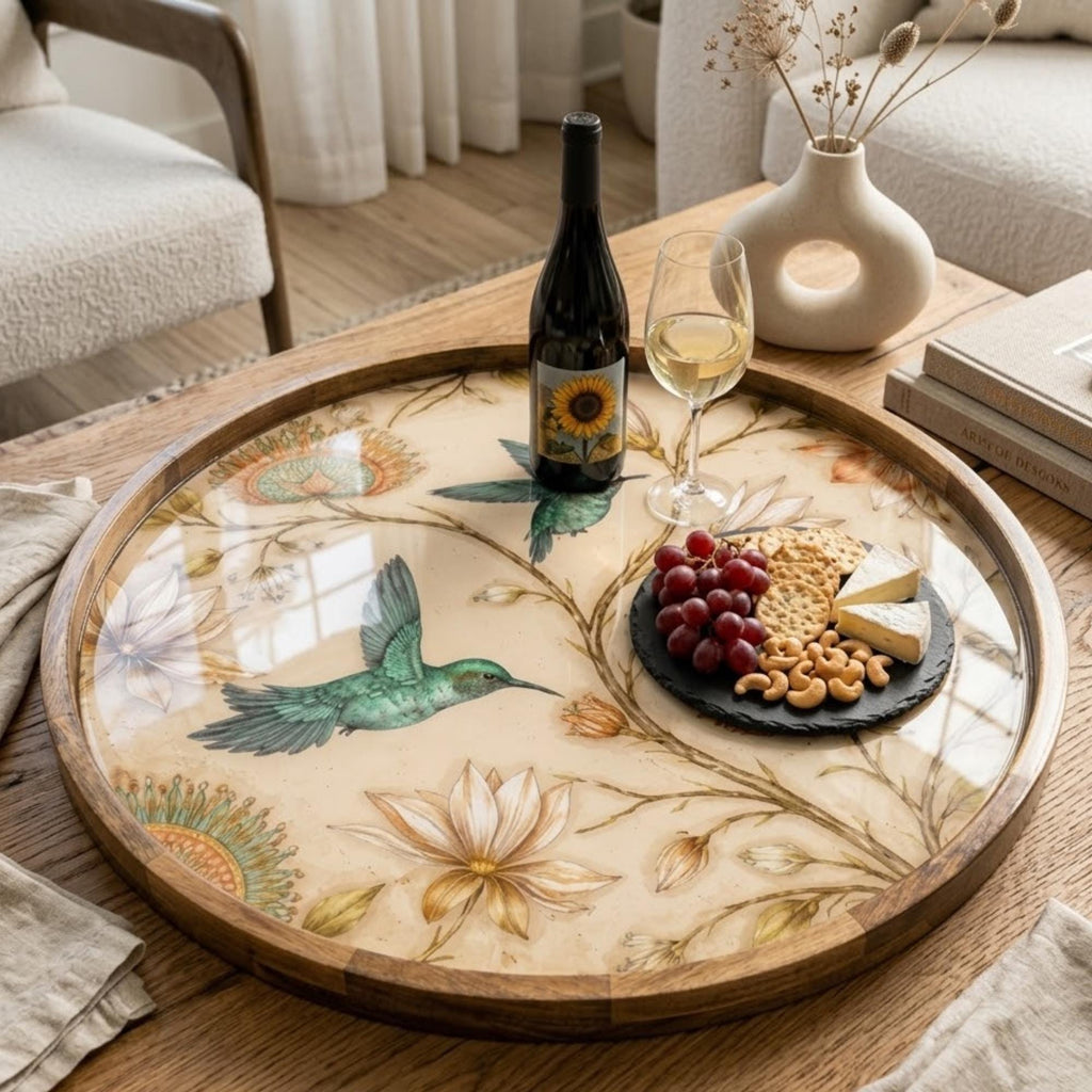 Styled view of the bird & floral mango wood serving tray.