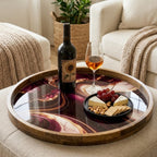 Styled view of the purple marble print mango wood serving tray.