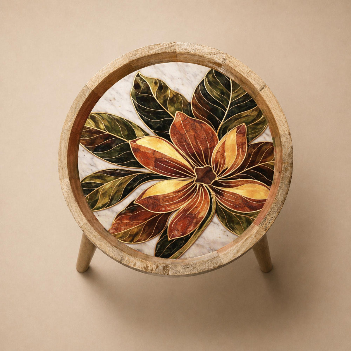 Top view of the floral print mango wood round side table, showing the printed design.