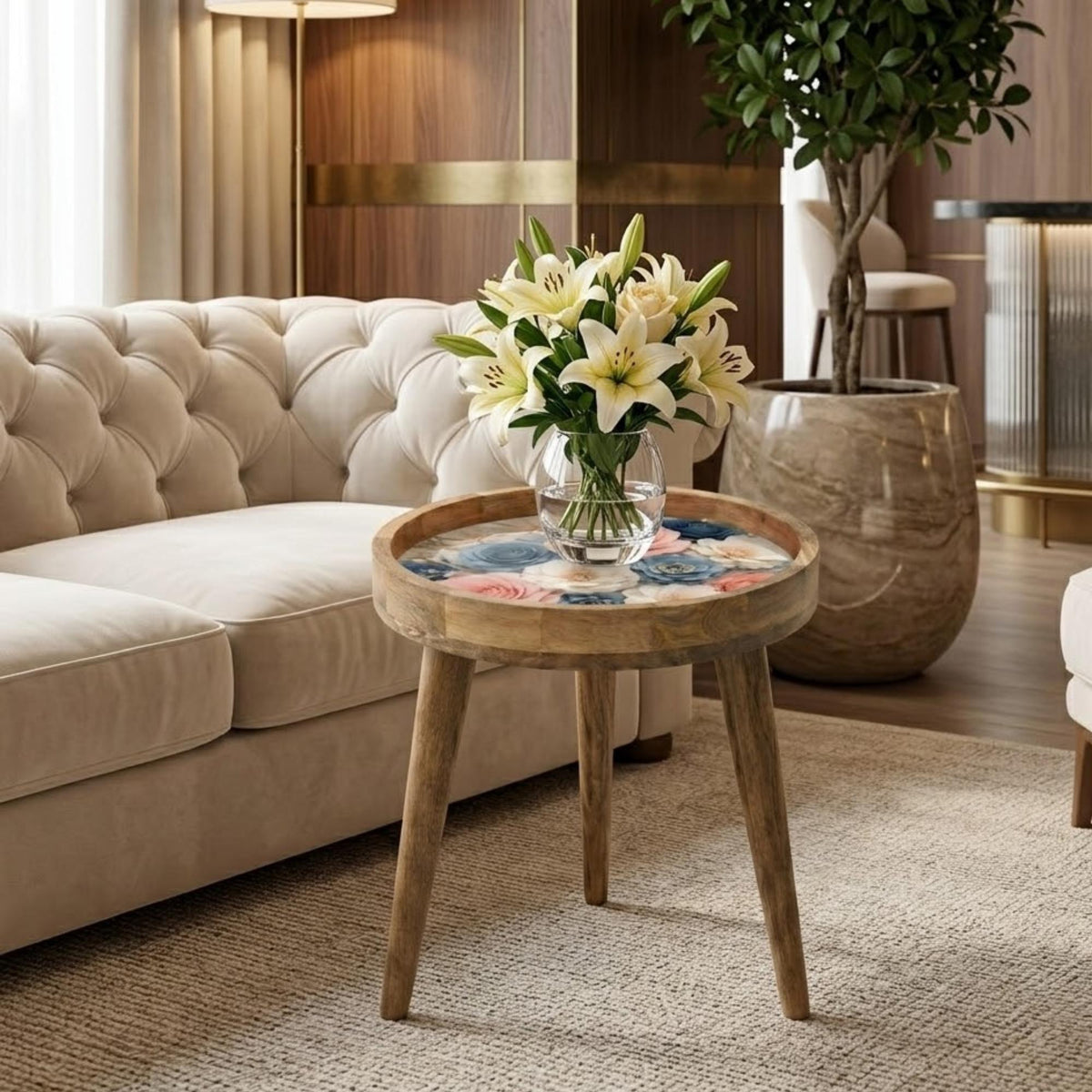 Vintage Floral Glass-Top Mango Wood Side Stand, shown beside a sofa in a styled room.