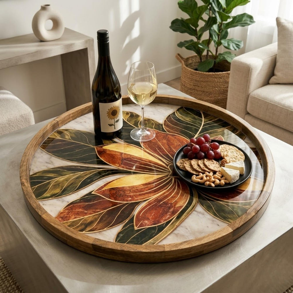 Styled view of the leaf & floral mango wood serving tray.