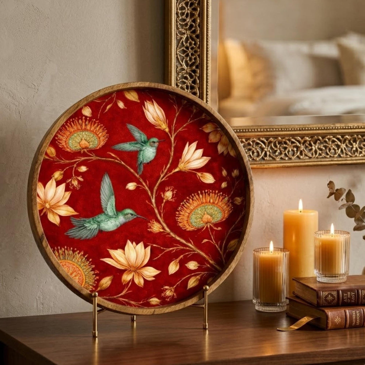 Styled view of the red bird floral mango wood serving tray.