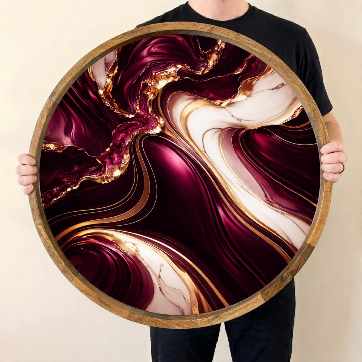 Purple Marble Print Mango Wood Serving Tray, held upright to show the printed design and overall shape.