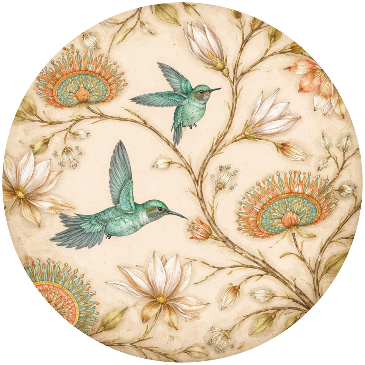 Printed artwork design for the hummingbird glass-top mango wood side table.