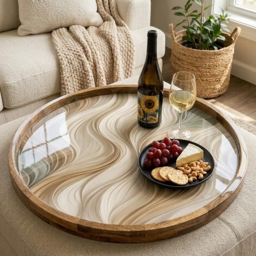 Styled view of the neutral wave mango wood serving tray.
