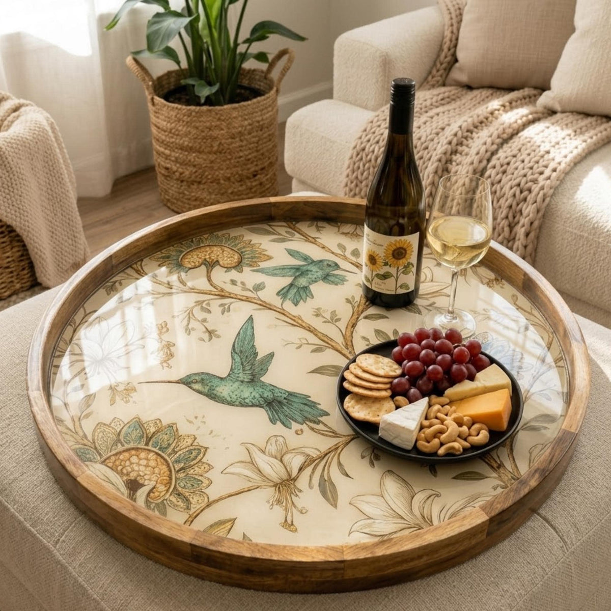 Styled view of the hummingbird floral mango wood serving tray.