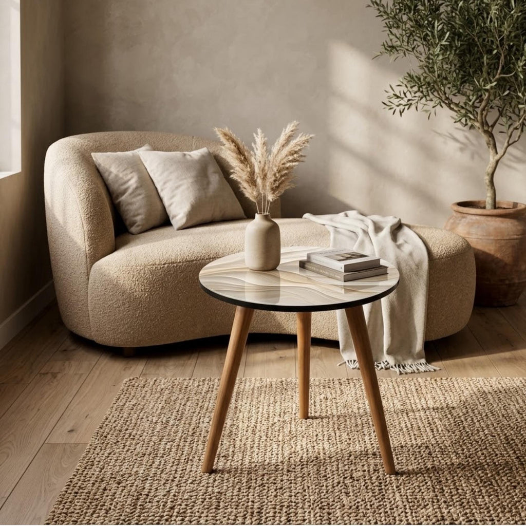Abstract Wave Round Side Table, Glossy Lacquer, shown beside a sofa in a styled room.