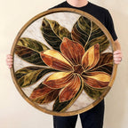 Leaf & Floral Mango Wood Serving Tray, held upright to show the printed design and overall shape.