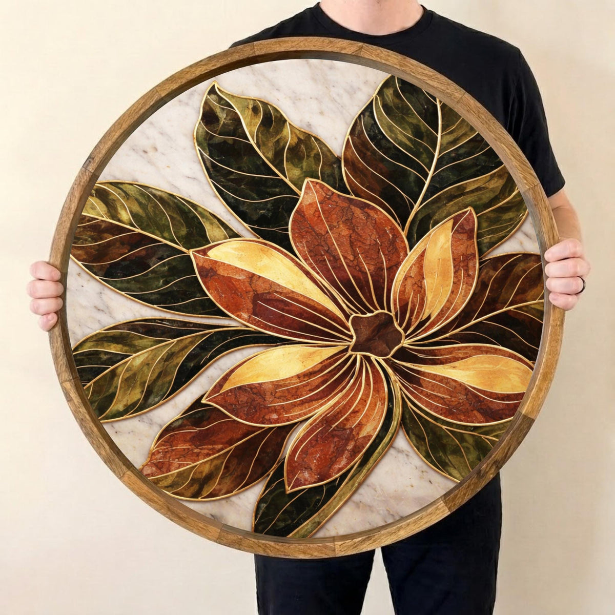 Leaf & Floral Mango Wood Serving Tray, held upright to show the printed design and overall shape.