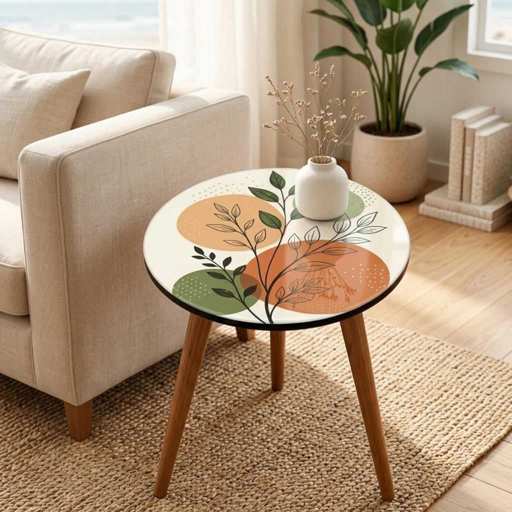 Japandi Botanical Print Round Side Table, shown beside a sofa in a styled room.