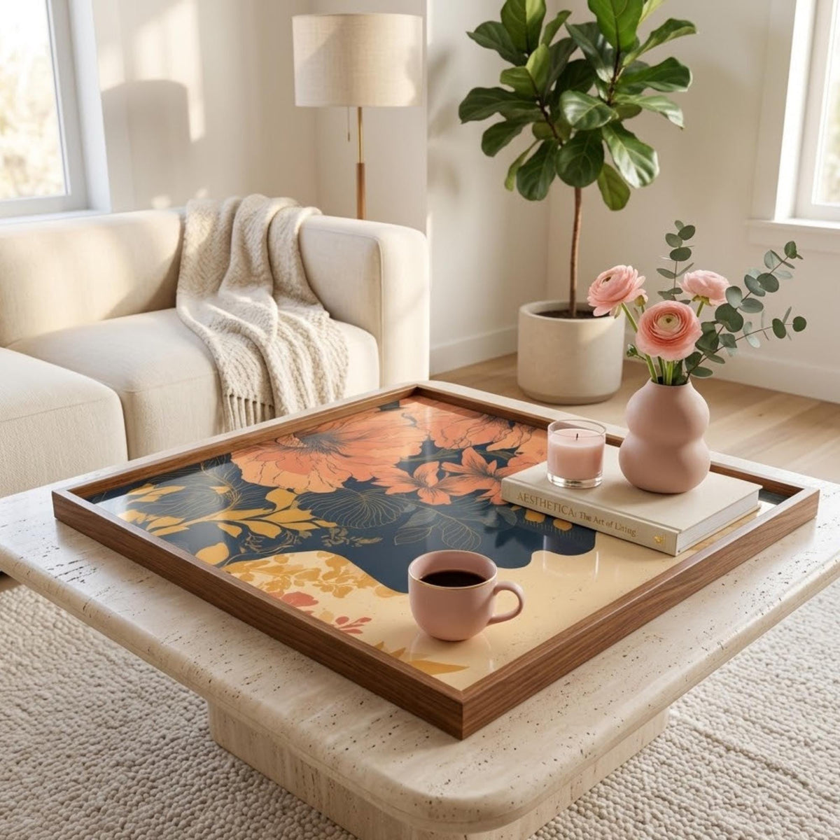Vintage Floral Mango Wood Serving Tray, shown beside a sofa in a styled room.