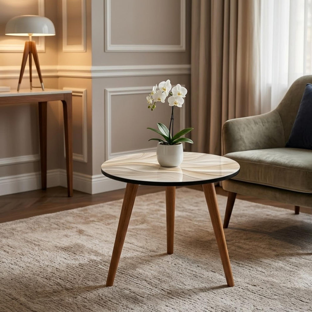 Styled view of the abstract wave round side table, glossy lacquer.