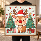 Square Reindeer Christmas Wooden Tray, held upright to show the printed design and overall shape.