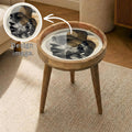 Abstract Face Mango Wood Side Table, styled in a room with an inset showing the printed artwork.
