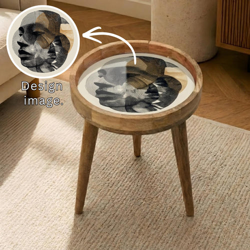 Abstract Face Mango Wood Side Table, styled in a room with an inset showing the printed artwork.