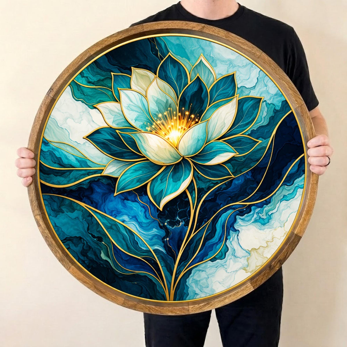 Blue Lotus Mango Wood Serving Tray, held upright to show the printed design and overall shape.