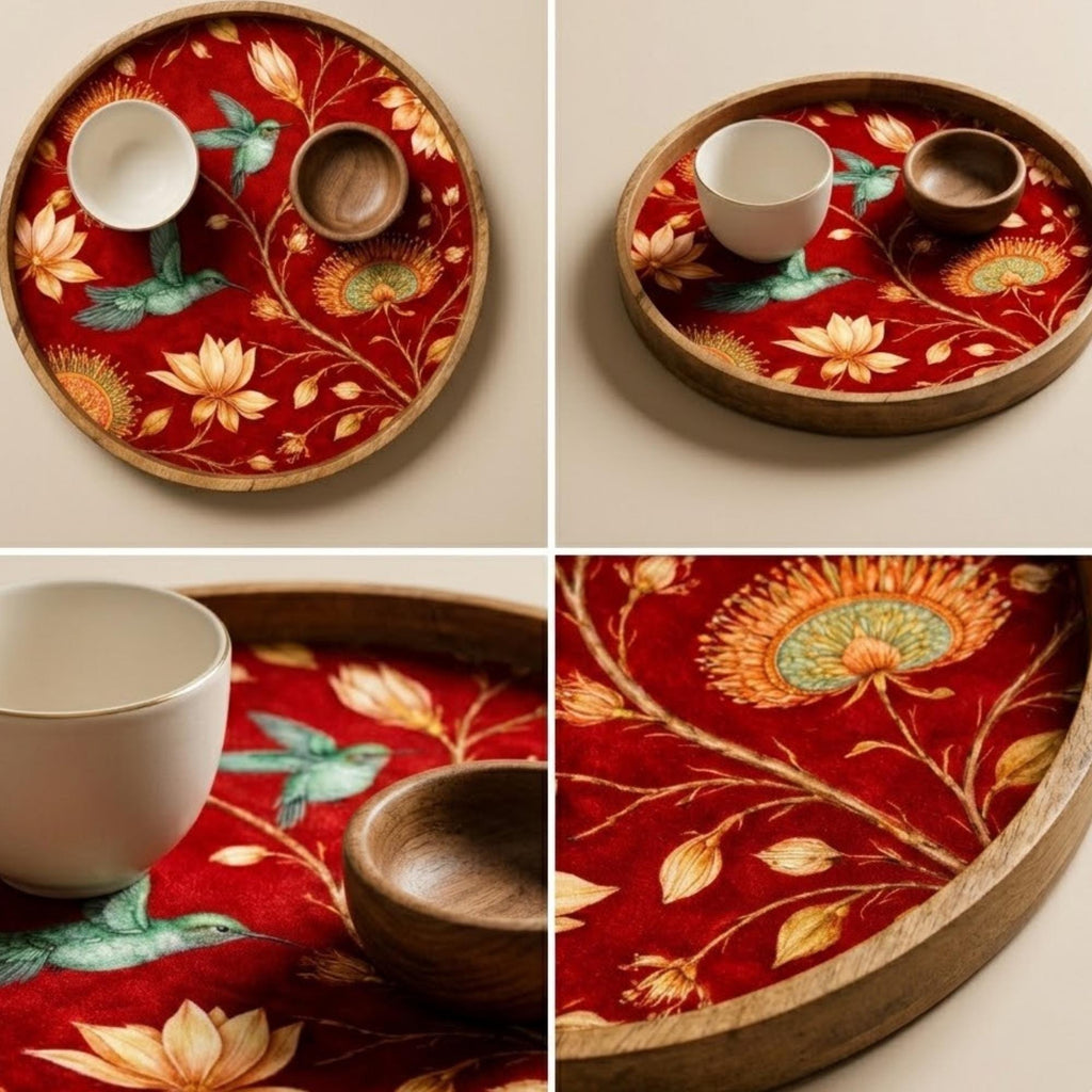 Detail and styled-view collage of the red bird floral mango wood serving tray.