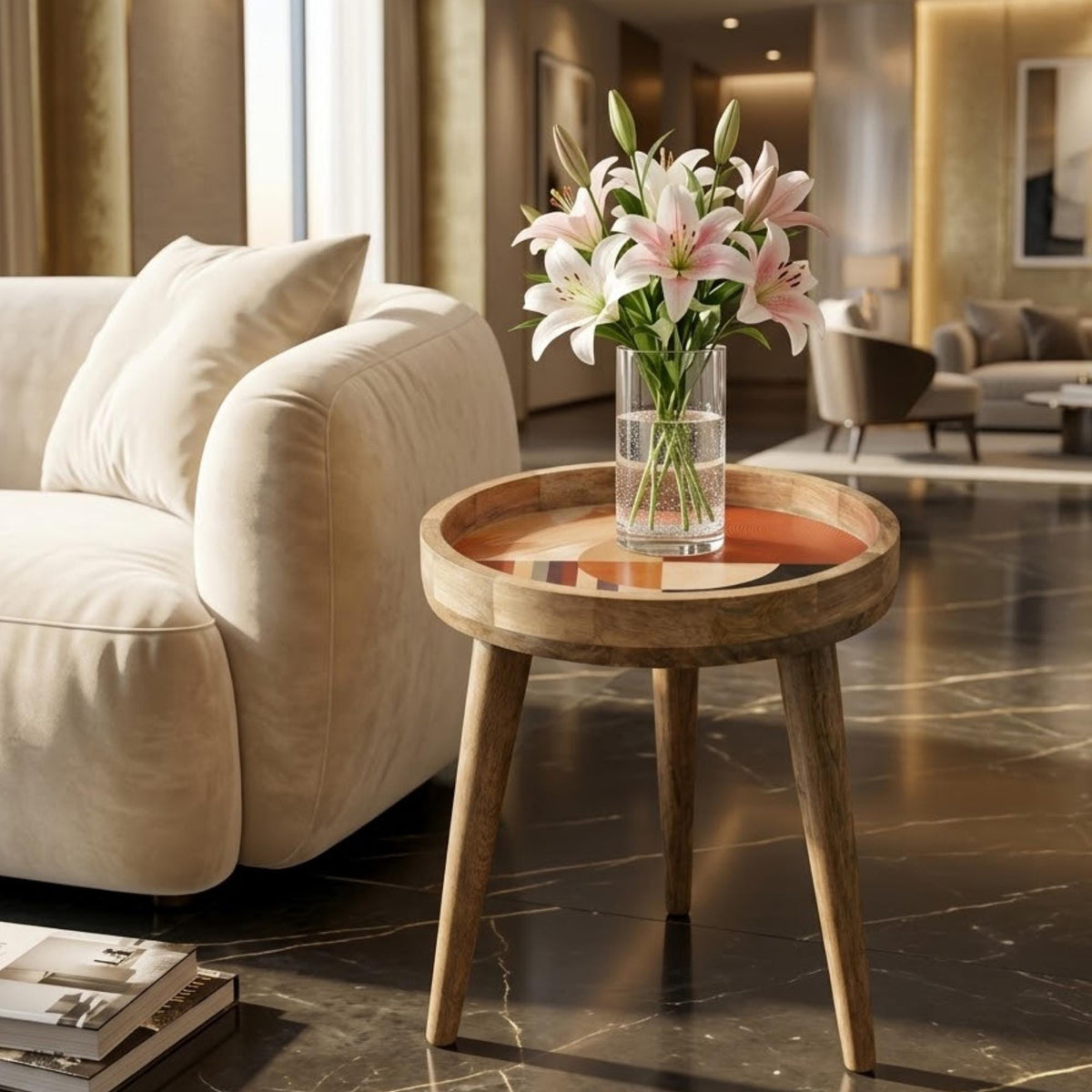 Abstract Geometric Mango Wood Side Table, shown beside a sofa in a styled room.