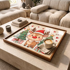 Styled view of the square reindeer christmas wooden tray.
