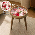 Rose Print Glass-Top Mango Wood Side Table, styled in a room with an inset showing the printed artwork.