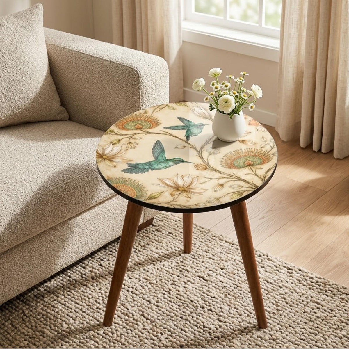 Hummingbird Print Round Side Table, Glossy Lacquer, shown beside a sofa in a styled room.