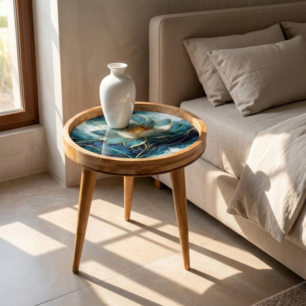 Blue Lotus Mango Wood Side Table, shown beside a sofa in a styled room.