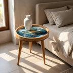 Blue Lotus Mango Wood Side Table, shown beside a sofa in a styled room.