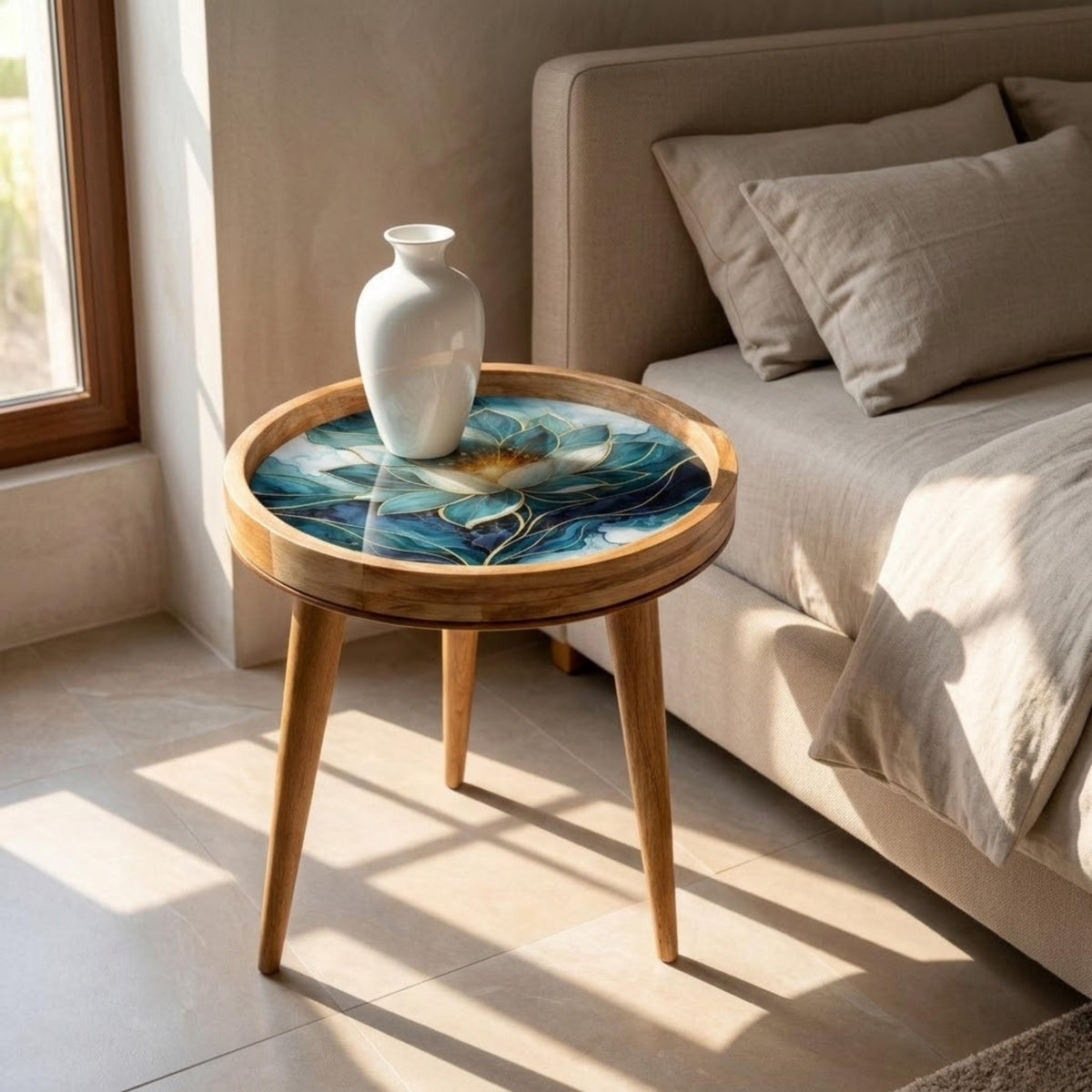 Blue Lotus Mango Wood Side Table, shown beside a sofa in a styled room.