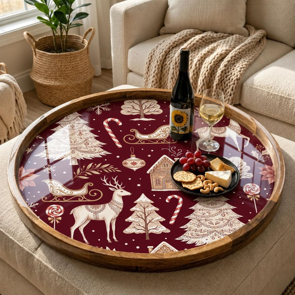 Styled view of the round reindeer christmas wooden serving tray.