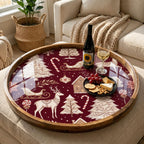 Styled view of the round reindeer christmas wooden serving tray.