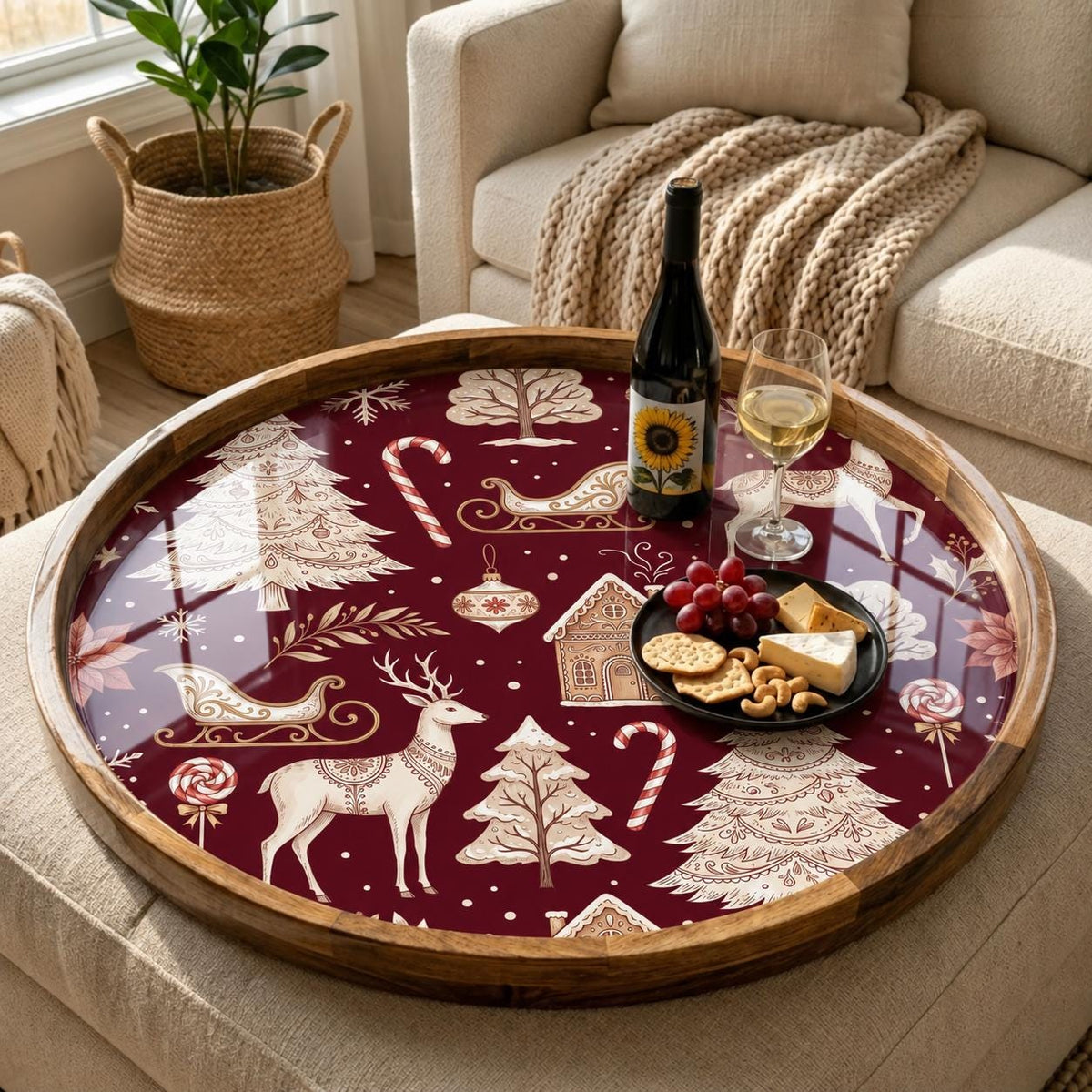 Styled view of the round reindeer christmas wooden serving tray.