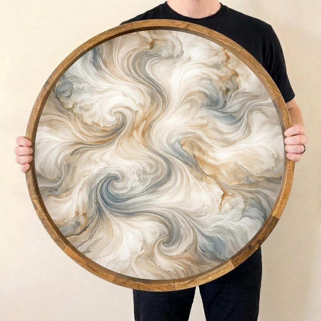 Abstract Swirl Mango Wood Serving Tray, held upright to show the printed design and overall shape.